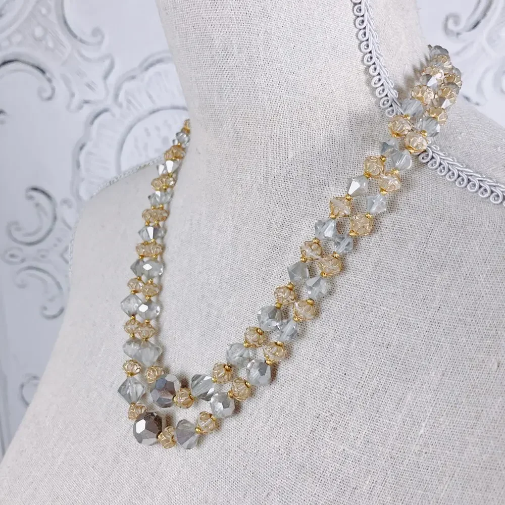 VTG Double Strand Graduated Faceted Mirror AB Crystal Glass Necklace on Wire - Picture 3 of 6